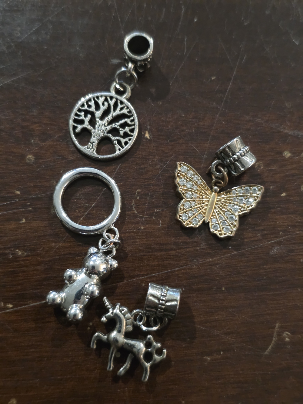 Silver and Gold Tone Butterfly Tree Bear Unicorn Charm Pendant Set - Unbranded